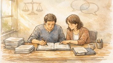 落ち着いた執務スペースで監修者と担当者が原稿を確認する様子, 監修者 入れる メリットを表現