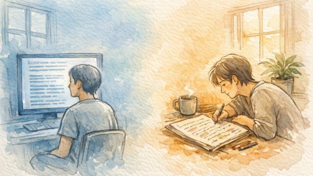 AI 記事 感情がこもっていない印象と人間の文章の温かさを対比した手描きイラスト