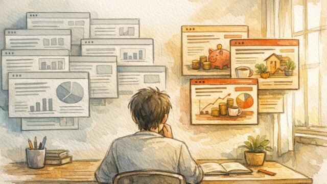 金融記事 SEOの検索結果を机で比較し、機械的な量産と人間的な情報の差を見極める場面