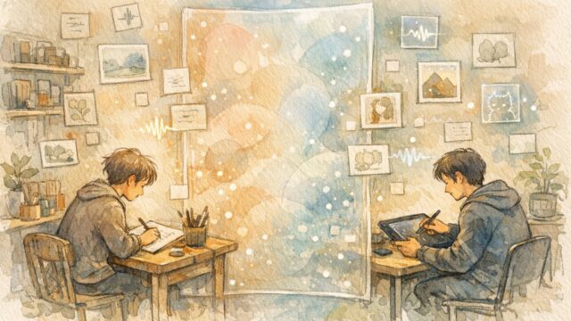 アナログとデジタル制作が共存するスタジオ風景, AI 生成物の透かし（ウォーターマーク）の世界観