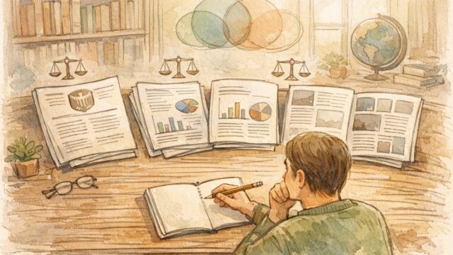 信頼できるソース 引用を検討する大人が机で複数資料を比較し吟味する様子