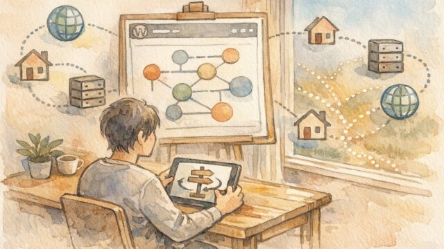WordPress ネームサーバー 変更をやさしく案内する室内イラスト, ドメインとサーバーの関係を可視化