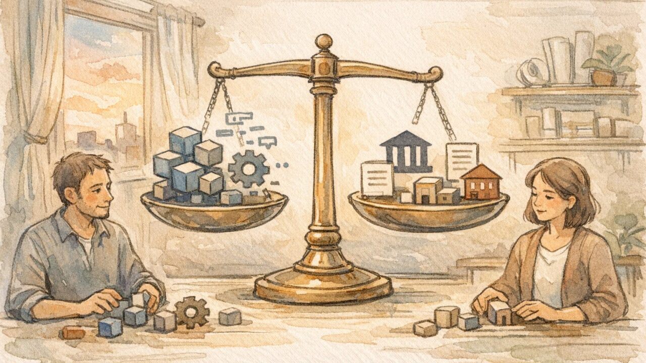オープンソース AI リスクを象徴する天秤を見つめ議論するビジネスパーソン