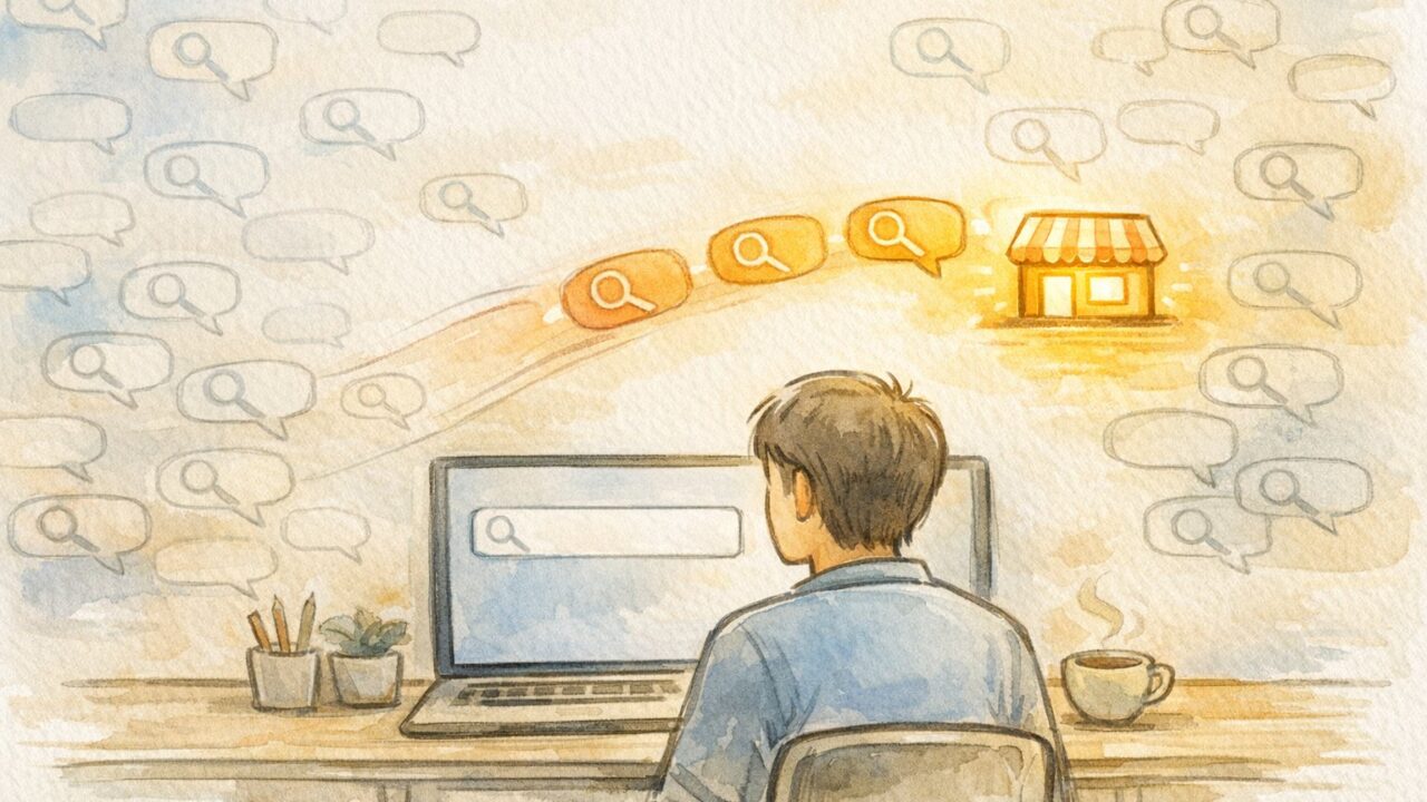 指名検索 増やすことで検索需要が一点に集まる様子を示す、デスクでPC画面を見つめる人物イラスト