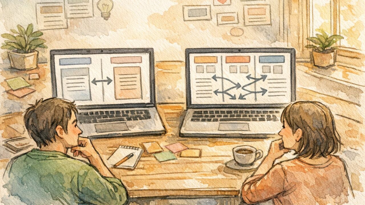 落ち着いた作業机で2カラムと3カラムのWP カラム 分け方を比較検討する様子