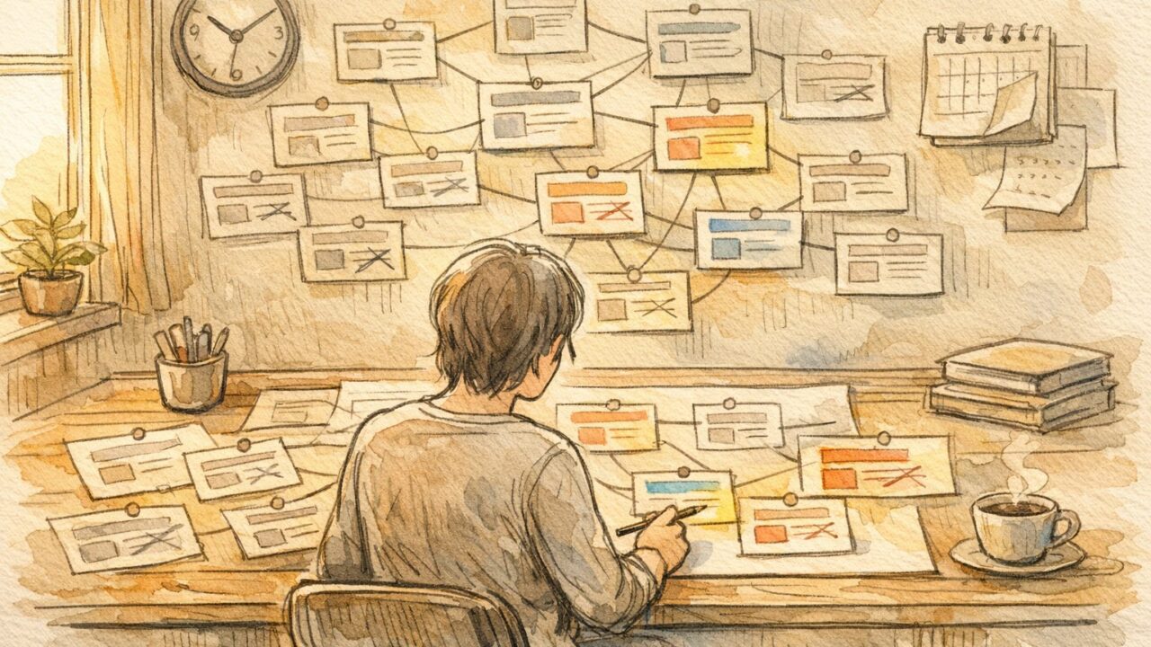 落ち着いた作業机でリンク構造を整理しながらリンク切れ 修正に取り組む様子