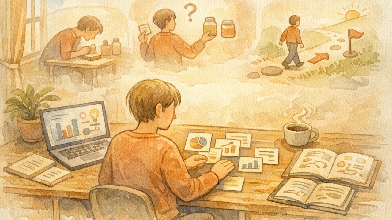 E-E-A-T 対策 具体例として個人の経験を整理し可視化する机上作業のイラスト