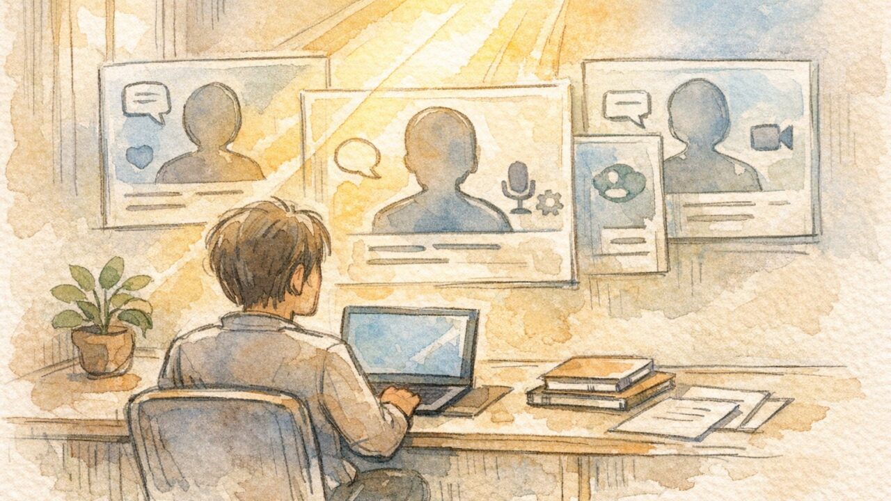 運営者情報 書き方をイメージした、信頼性や透明性を象徴する優しいイラスト