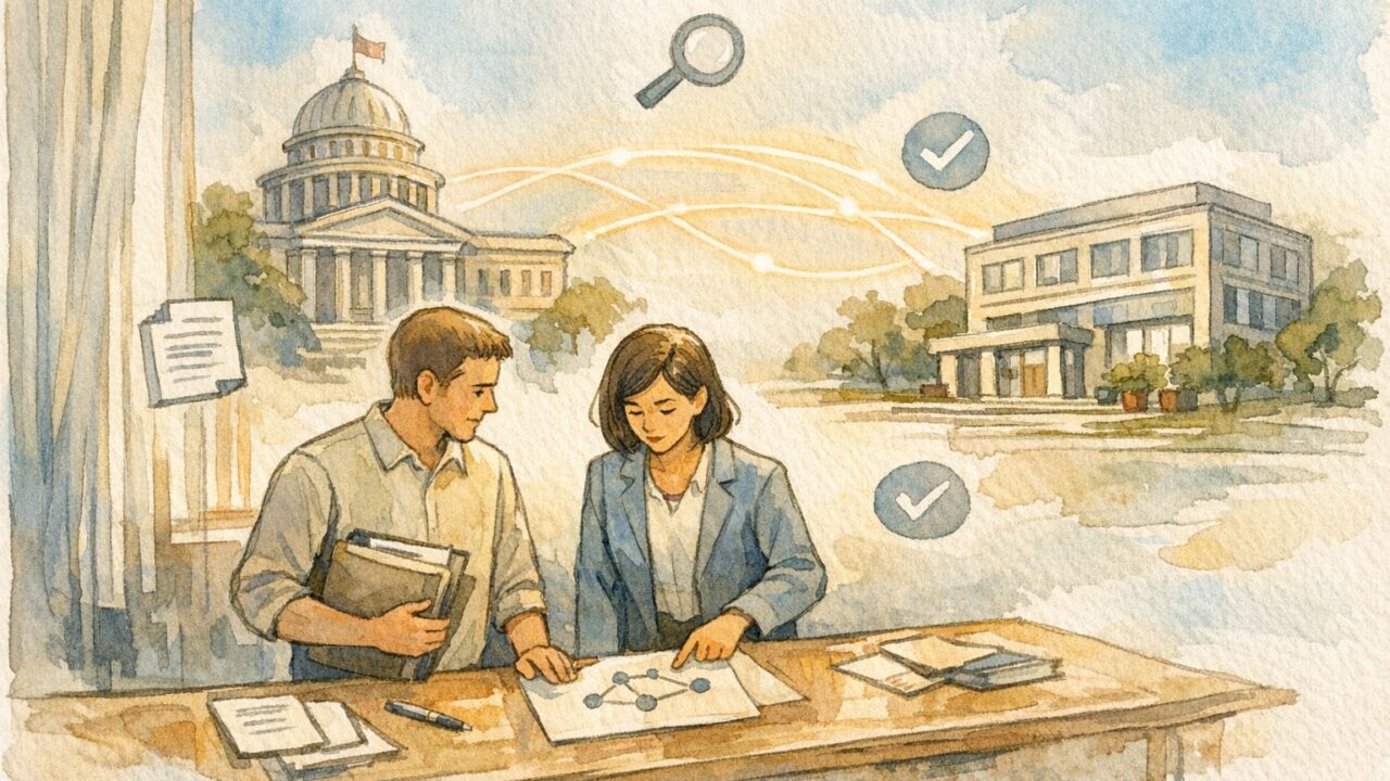 官公庁 リンク 獲得の考え方を示すイラスト、公的機関と民間サイトの信頼的なつながり