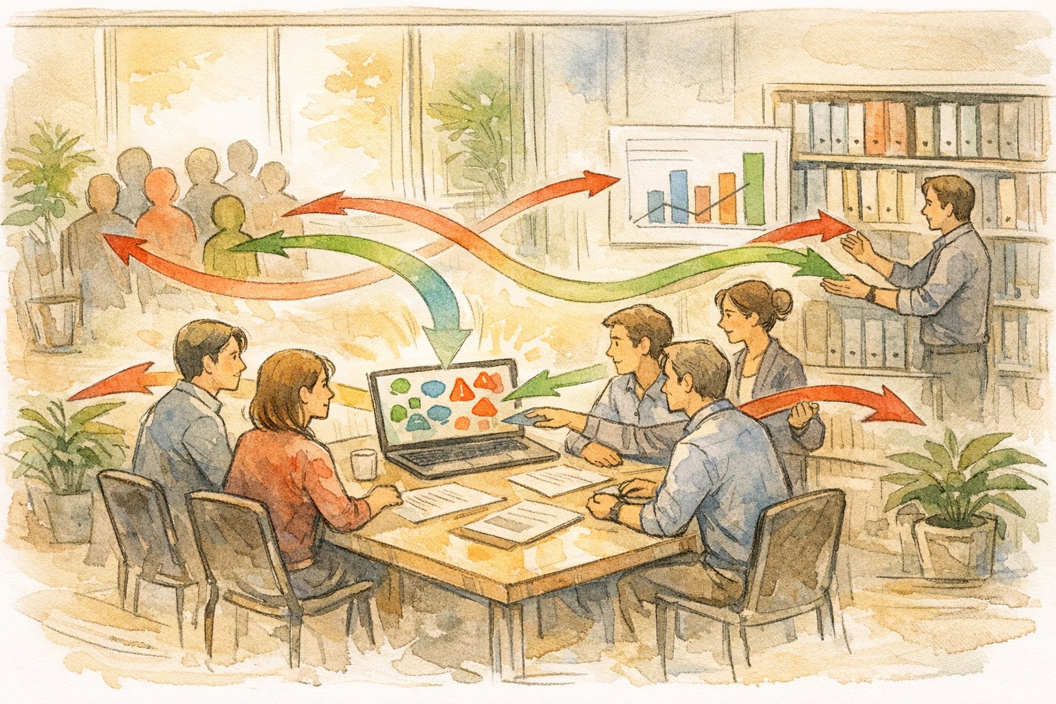 オフィスでAI 誤情報 拡散 対策を検討する社員たちと情報の流れを示すイラスト