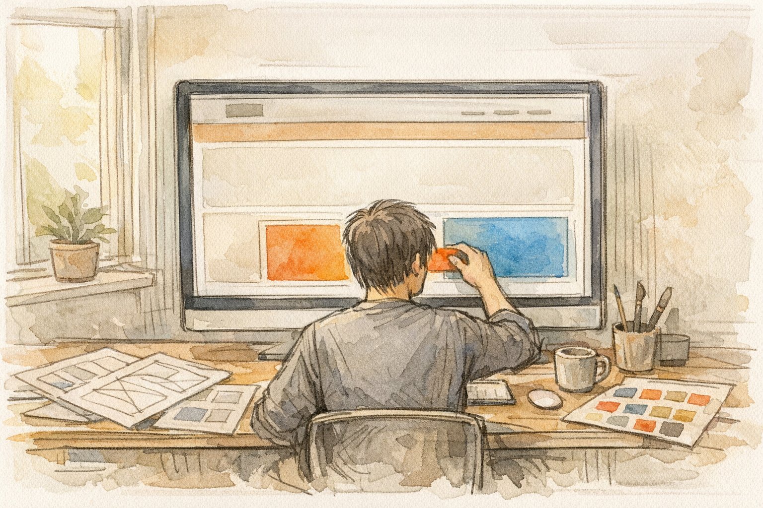 静かなワークスペースでWP 背景画像 設定を検討し、画面上の背景配置バランスを調整