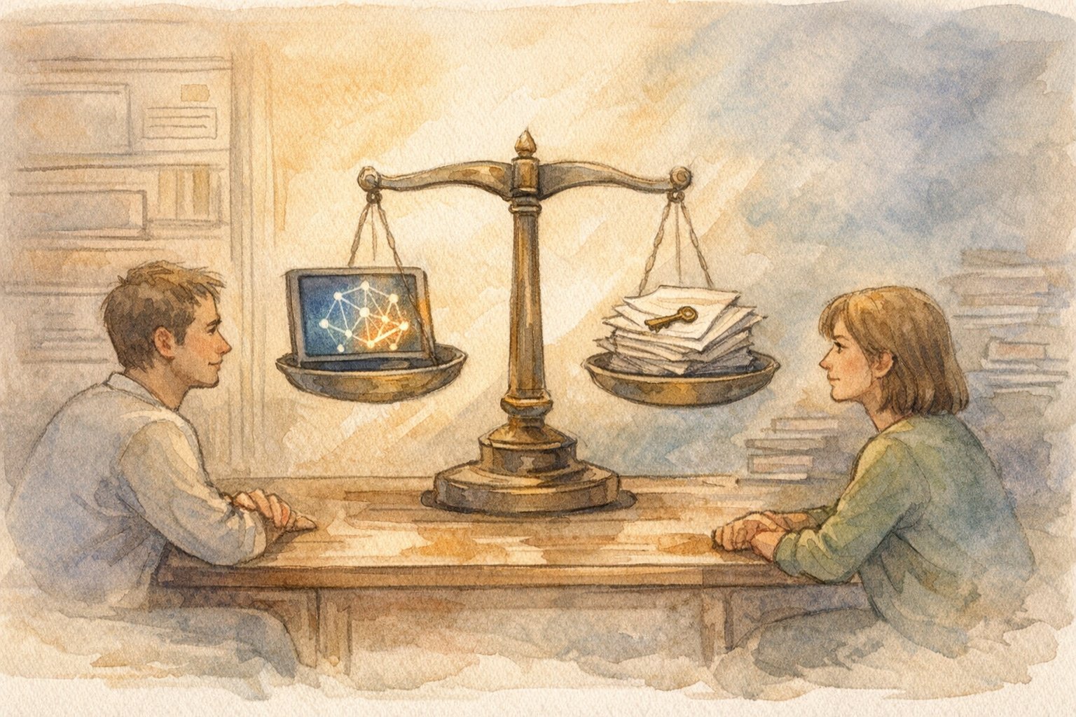 AI 権利 関係 複雑さを象徴する天秤を前に責任を考える利用者とプラットフォーム