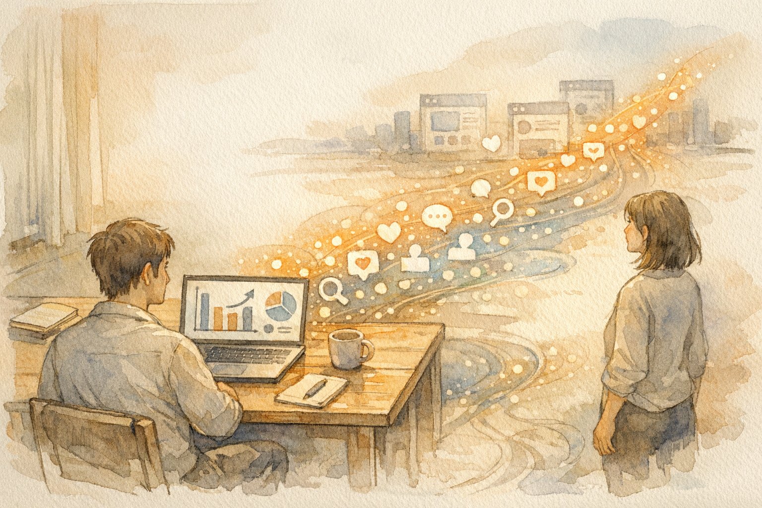 SNS リンク 効果を示すデスク上のグラフと拡がる光のアイコンや波紋