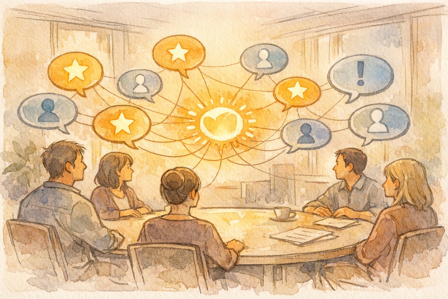 SNS リンク 効果がブランドの信頼や評判に与える影響を議論する人々のイラスト