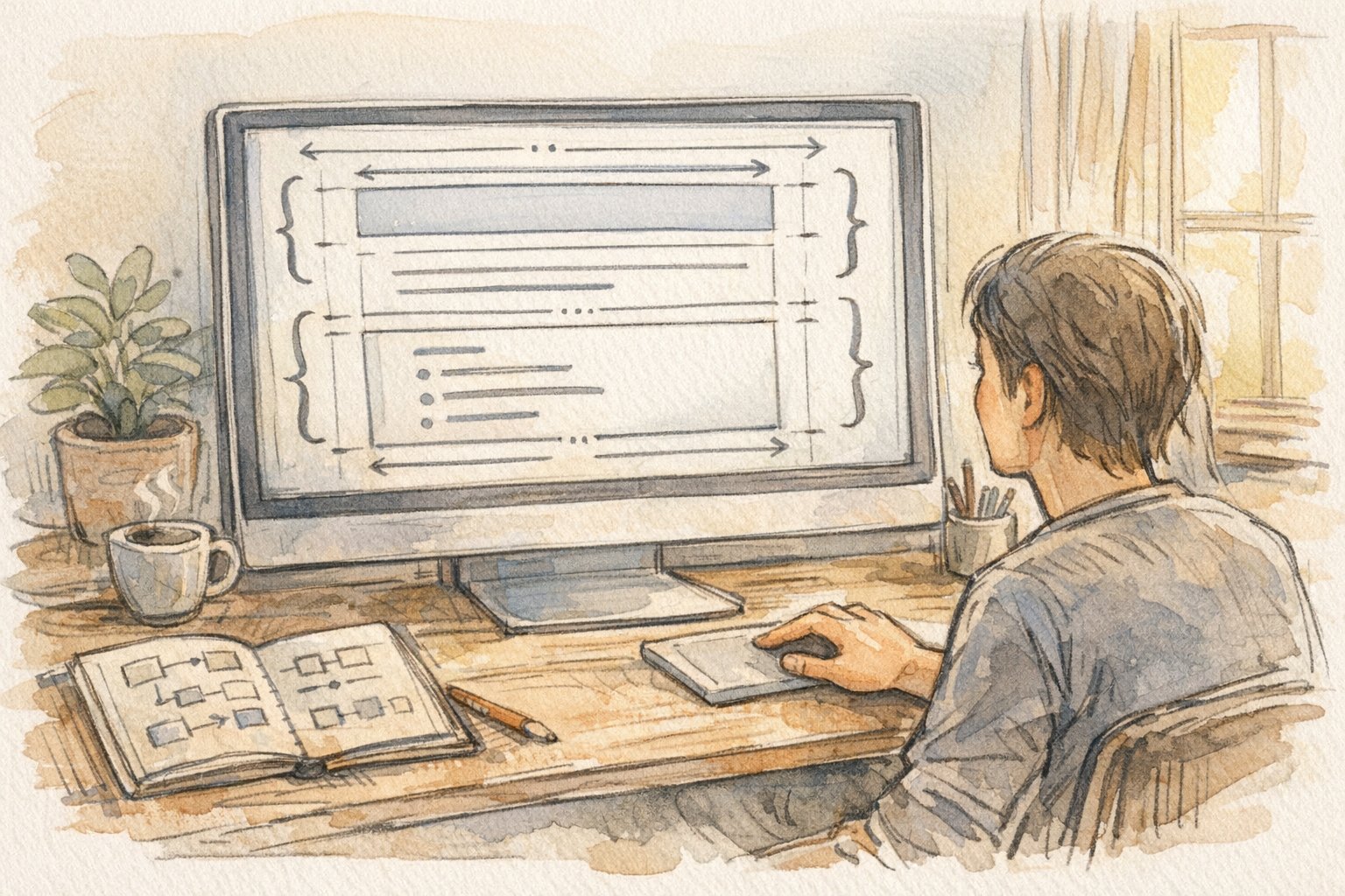 追加CSSでWP 余白 調整 方法を考える作業デスクと画面レイアウトの手描きイラスト