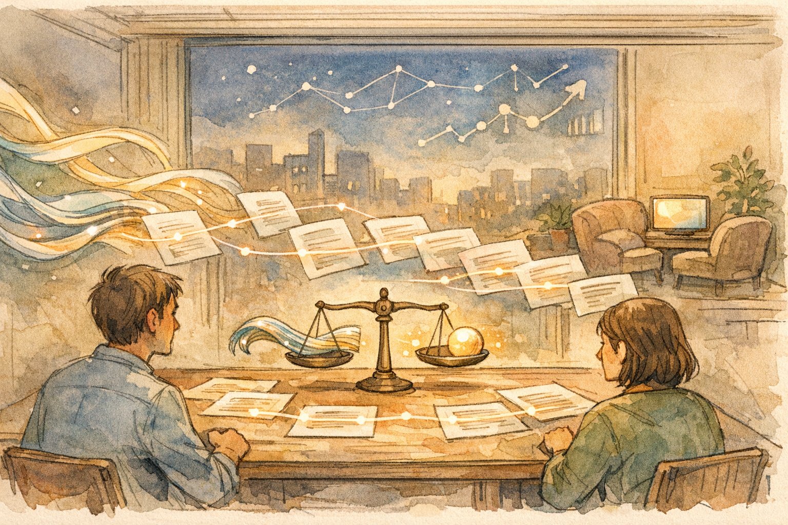 生成AI 規約 変更 履歴を示す浮かぶタイムラインと天秤を眺めるマーケ担当者