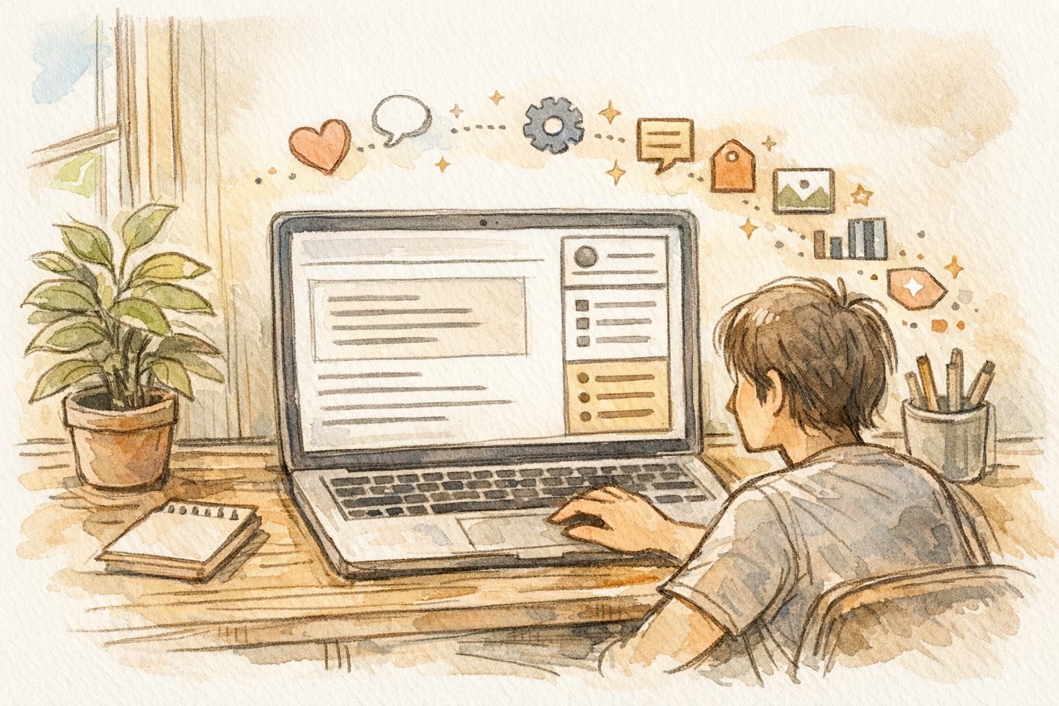 WordPress ウィジェット 使い方 初心者向けに、机で基本ウィジェットを試す穏やかなイラスト