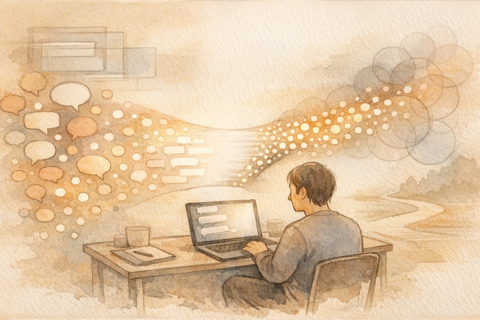 ChatGPT 返信が途中で止まる 対策を考えるデスクワーク、負荷や制限を象徴する抽象イラスト