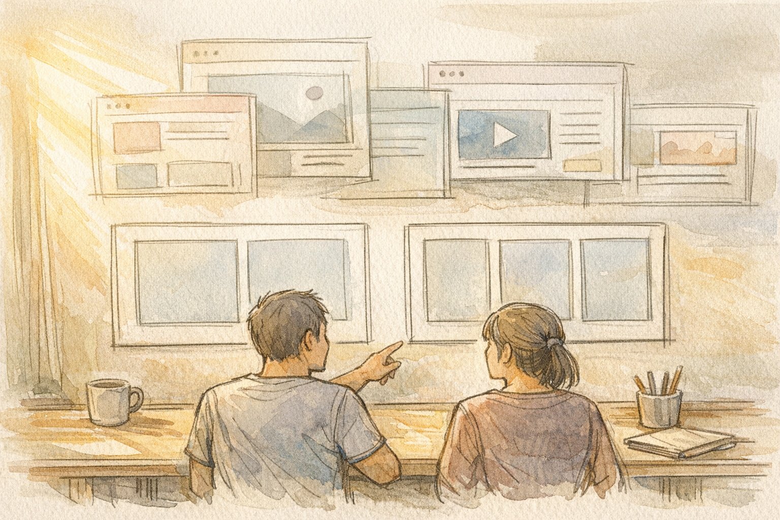 WordPressレイアウトを比較する2人、WP カラム 分け方（2段組・3段組）を検討する様子