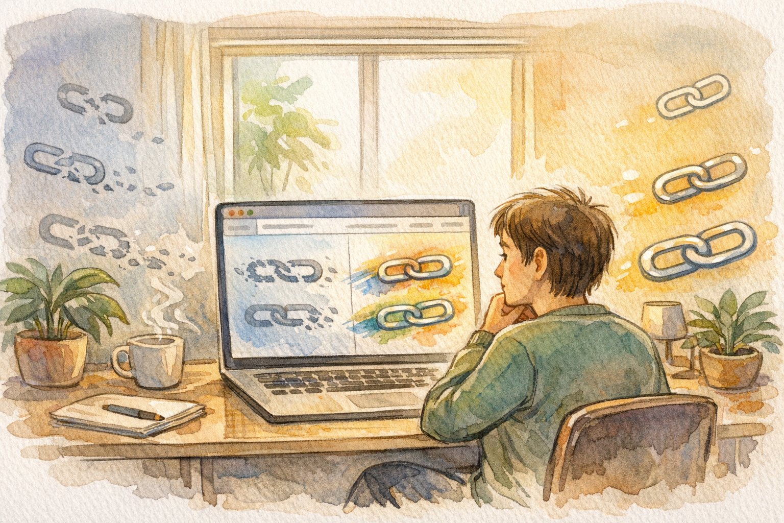 リンク切れ 修正に取り組む担当者のデスク周り、壊れたリンクが丁寧に回復していく様子