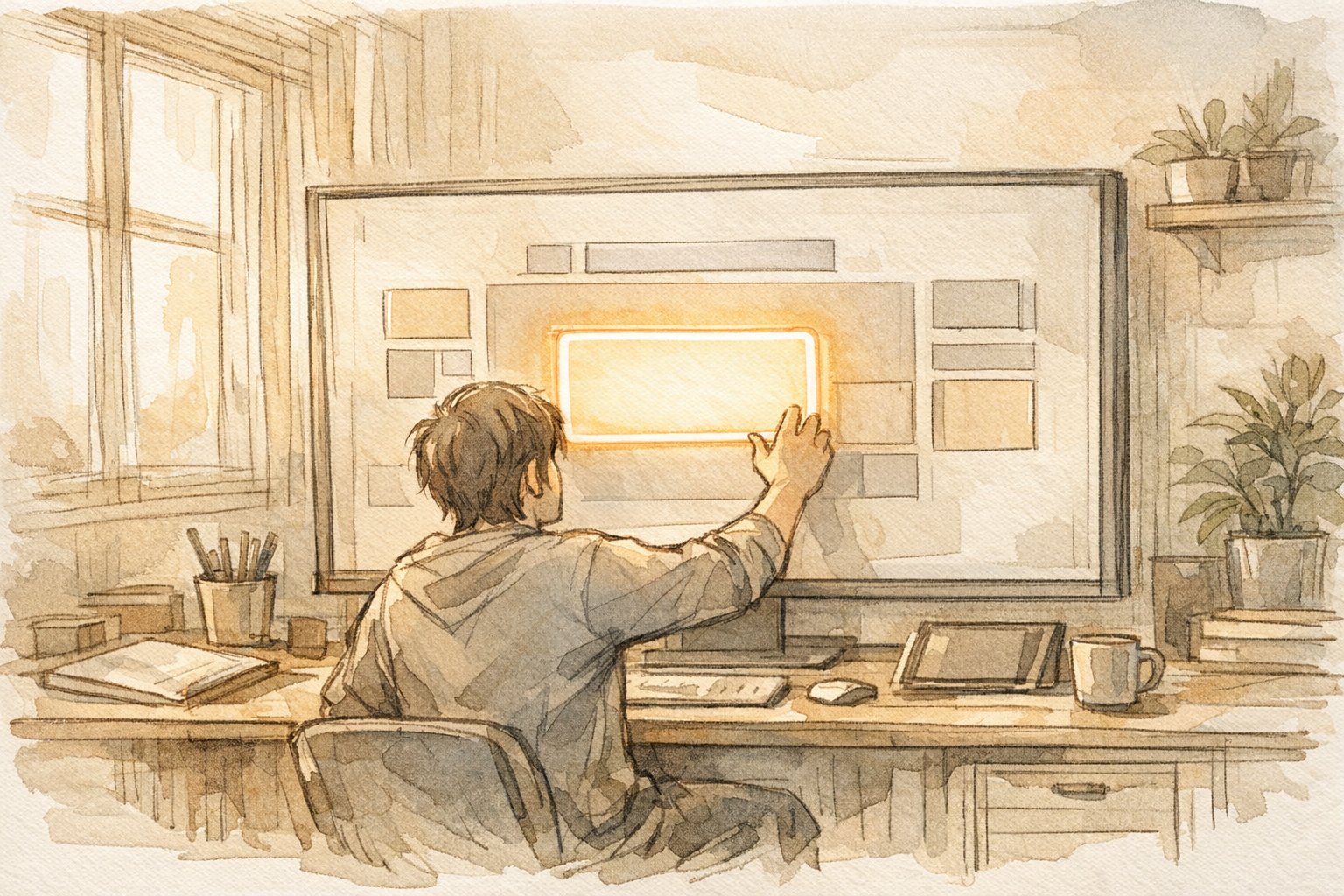 CSSでWordPress ロゴ画像 サイズ 変更を調整する作業机と画面の手描きイラスト