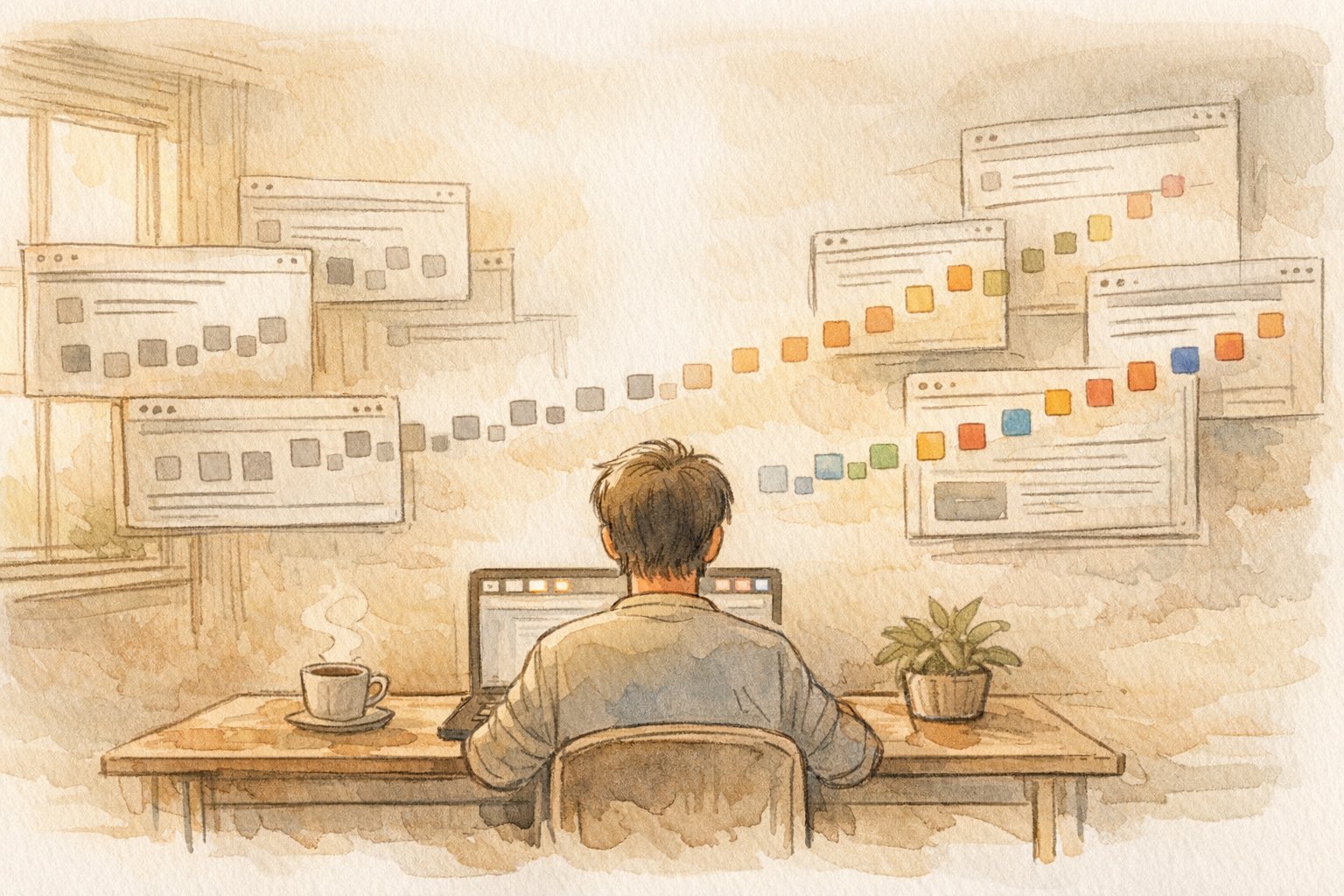 穏やかな作業机でWP ファビコン 設定を見直す様子、サイト全体へ静かに波及する変化