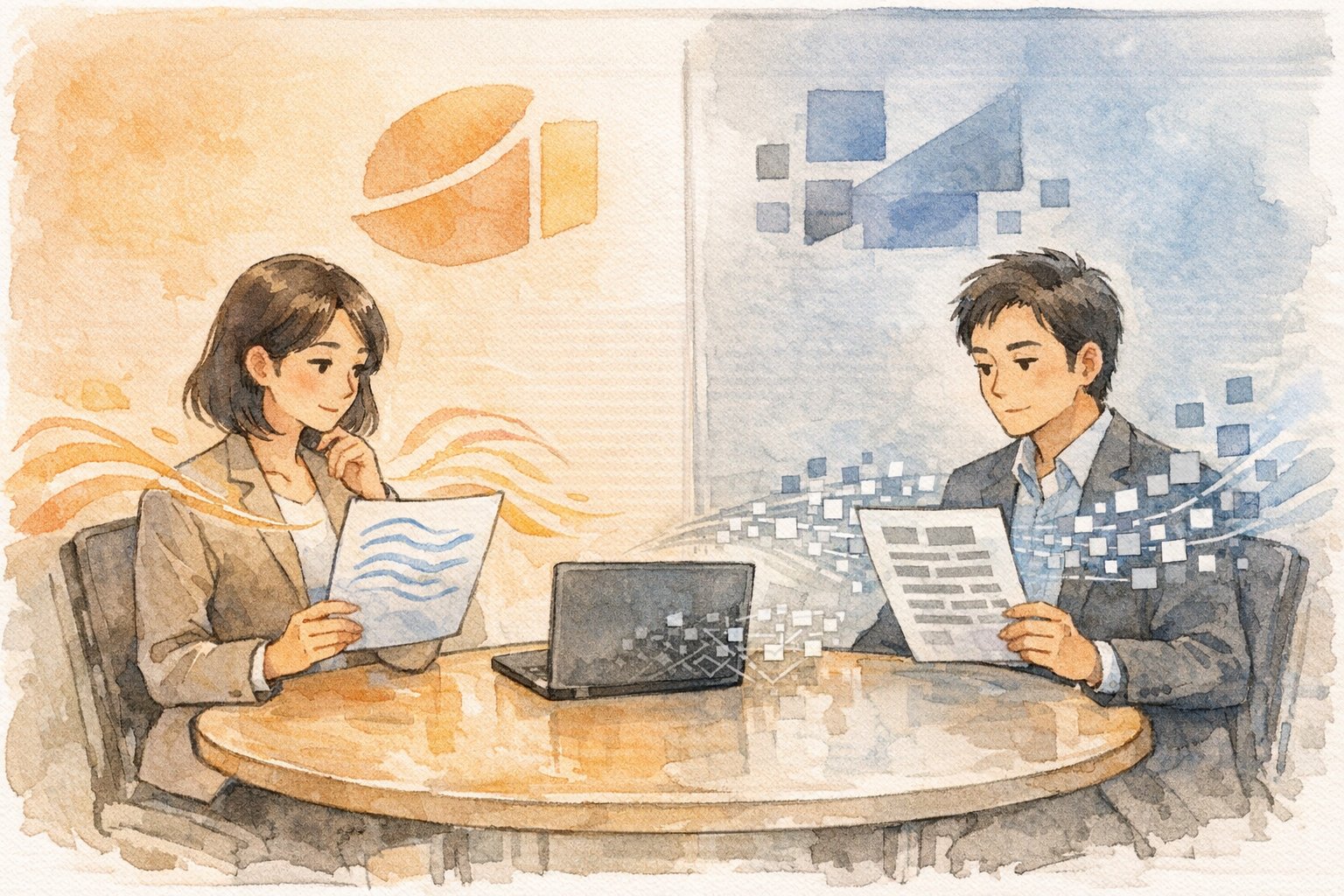 ビジネス会議室で書類を見比べる二人、ChatGPT 日本語がおかしい表現のリスクを検討