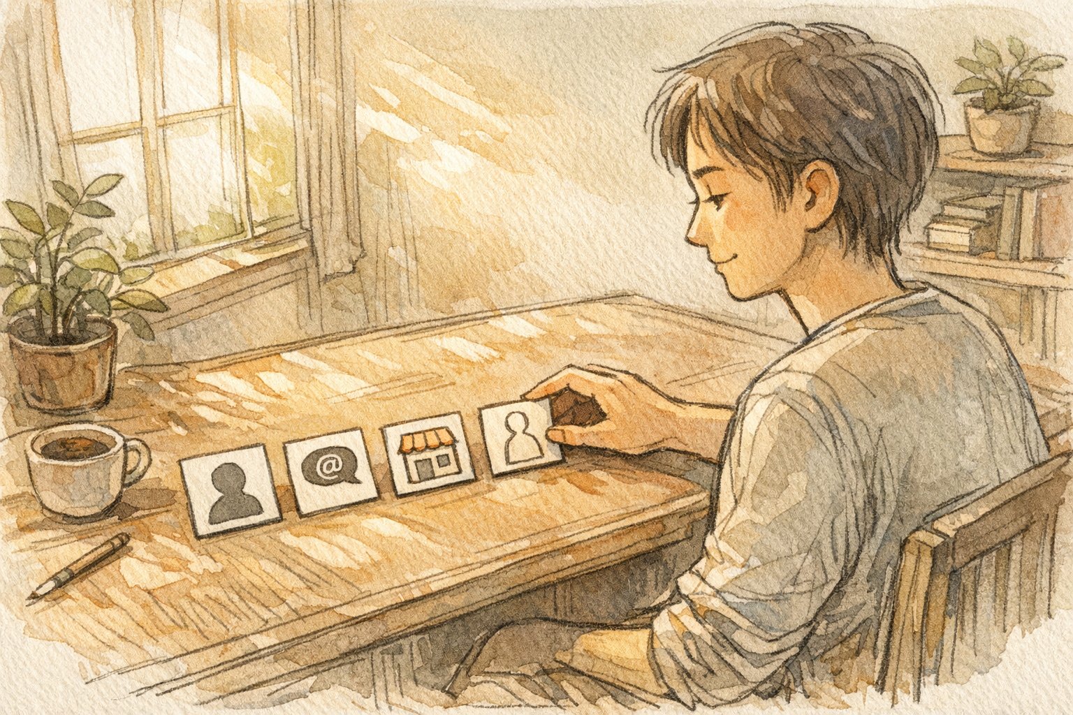 運営者情報 書き方を考えながら、匿名から実名まで開示レベルを選ぶ様子