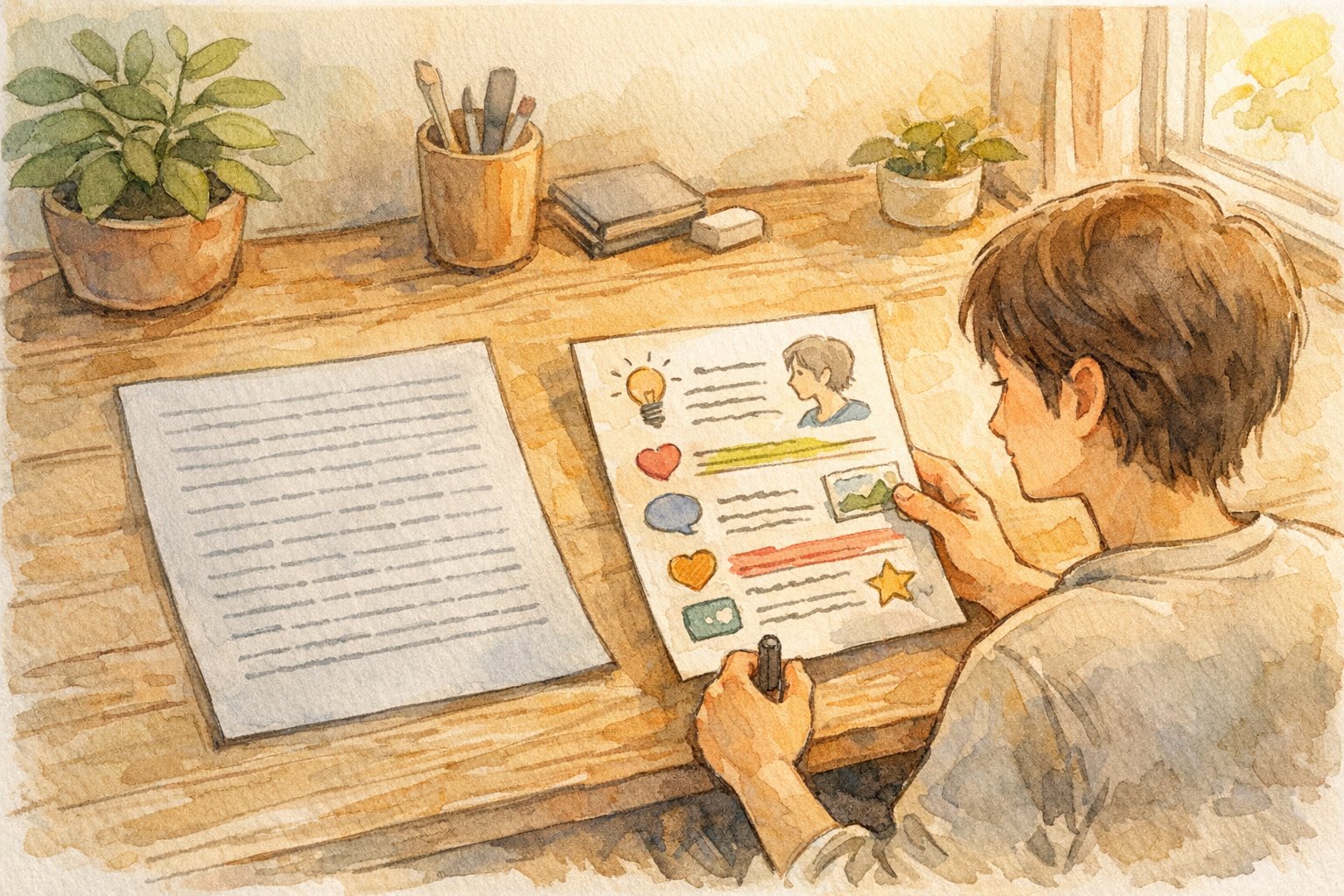 テンプレ的な文面から離れ、自分らしい運営者情報 書き方を選ぶ様子を描いたイラスト