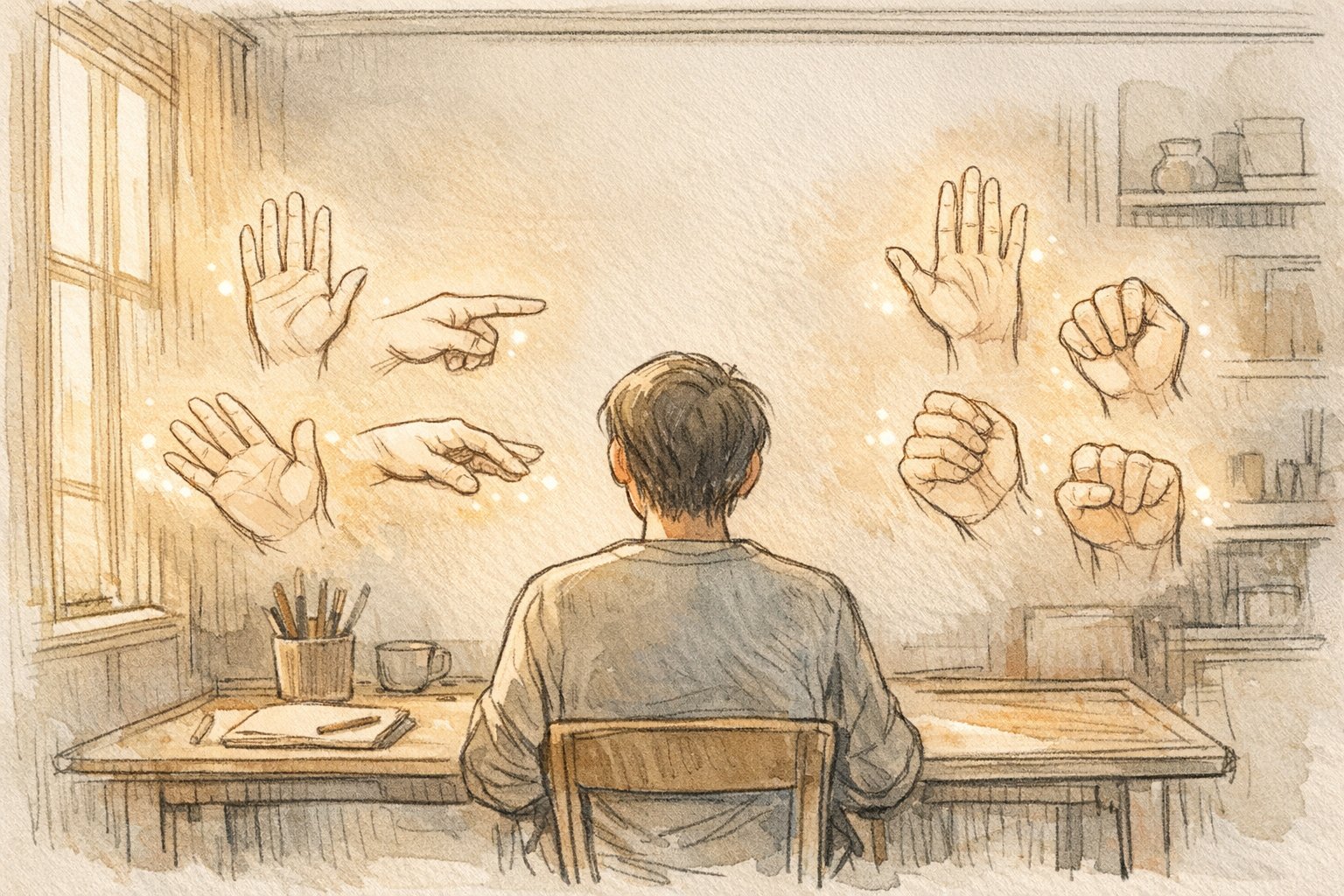 AI 生成画像 手の形がおかしい例を比較し、人間が違和感を見分ける様子を描いたイラスト
