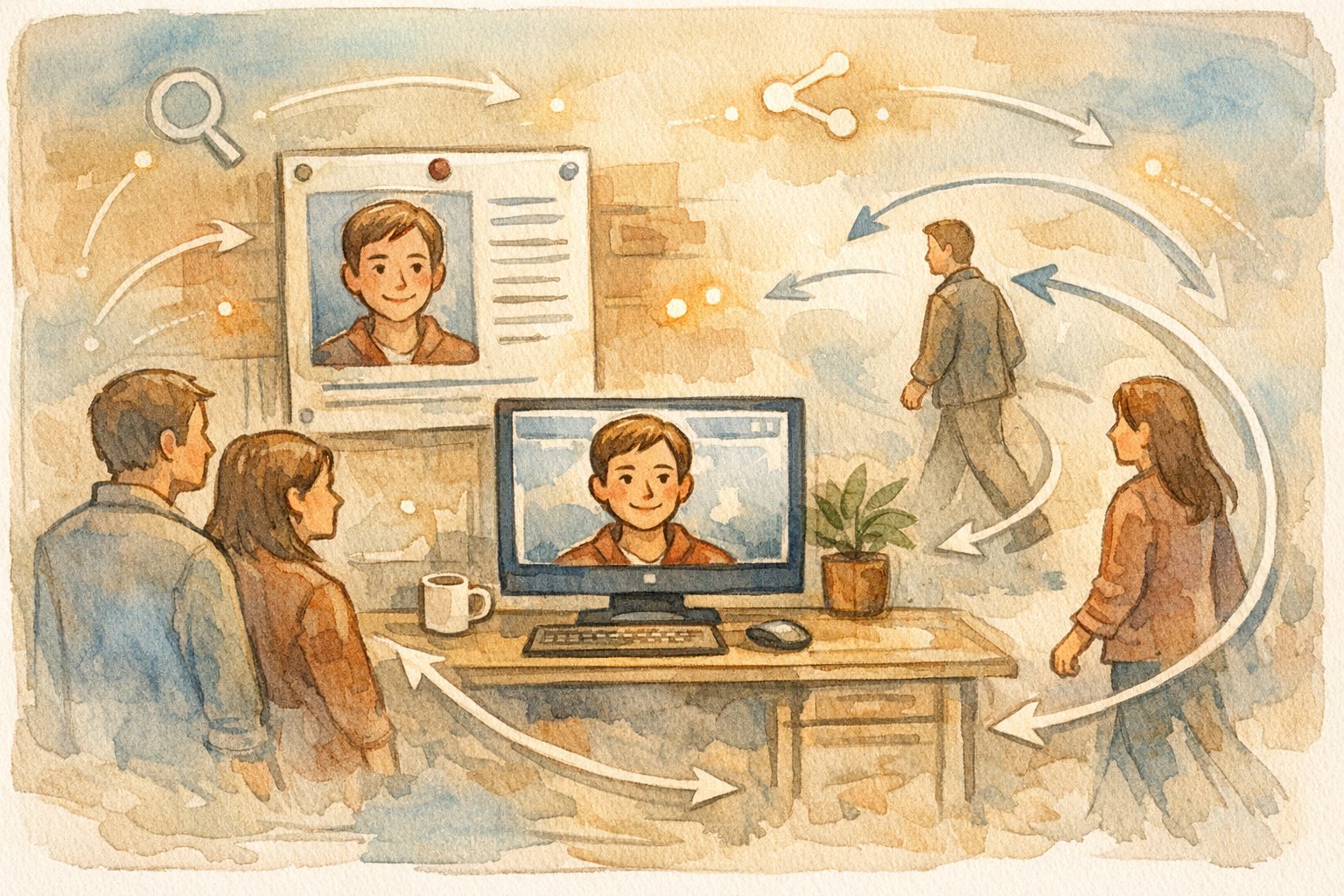 著者プロフィール 重要性を象徴的に描いたイラスト、信頼構築とリピート読者が循環する様子