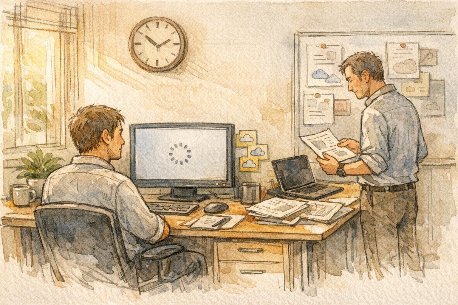 Claude ログインできない 解決を模索するオフィスで、PC停止と紙資料を併用する様子