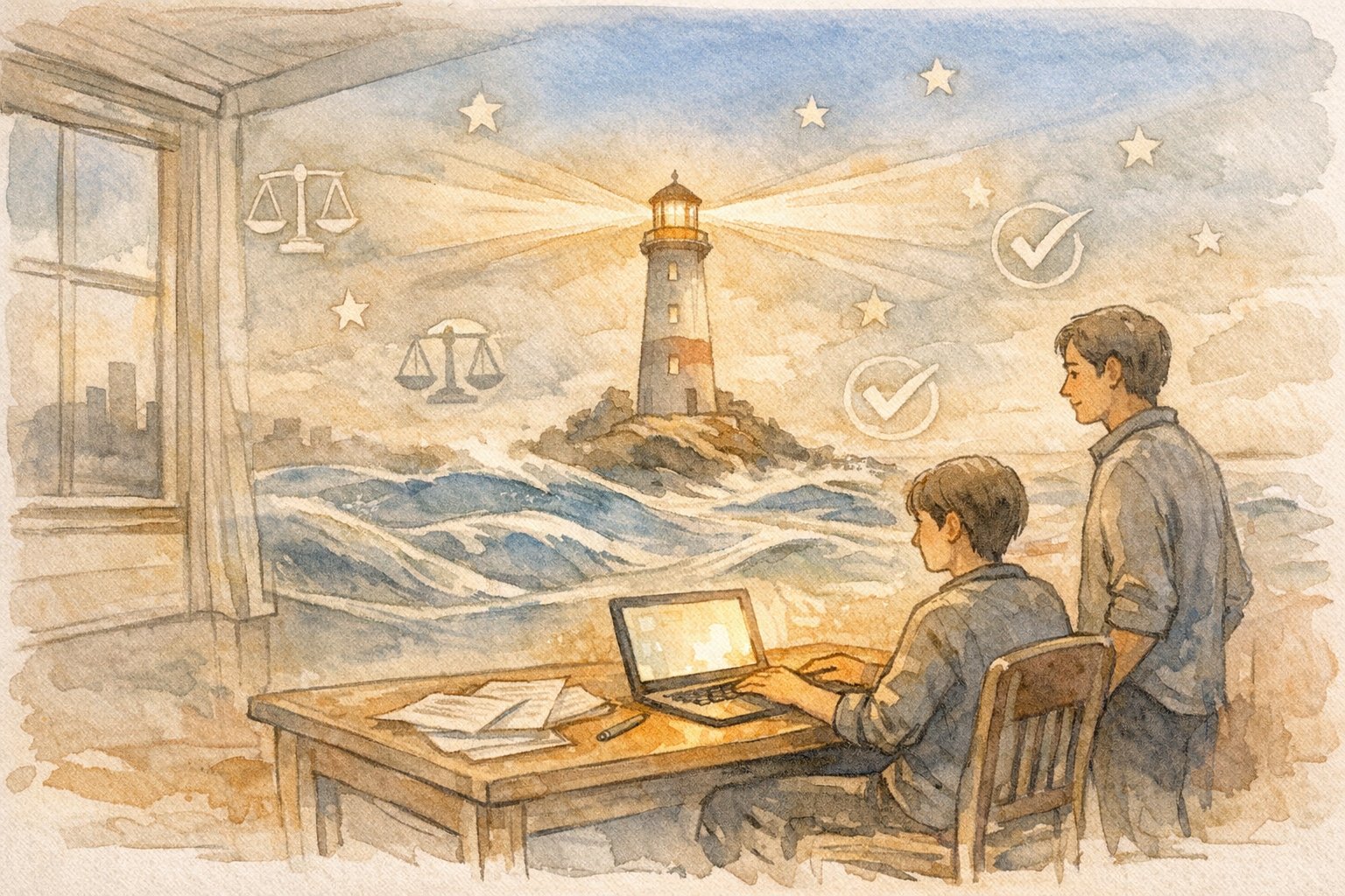YMYL 対策で信頼性あるコンテンツを灯台に例えたイラスト, 制作者と監修者が穏やかに作業する様子