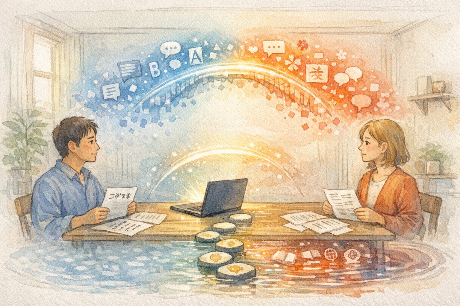 生成AI 英語の壁 克服を象徴し、日本語と英語を橋渡しする光のアークと二人の大人