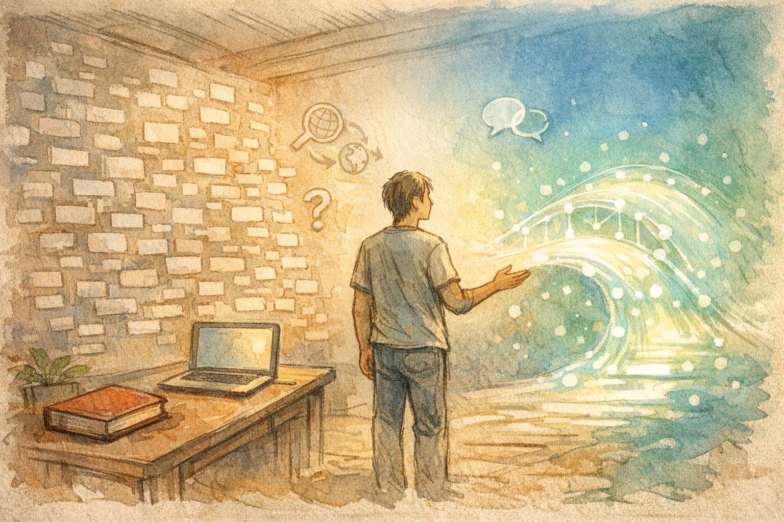 生成AI 英語の壁 克服を象徴し、AIの光の橋と英語の壁に向き合う人