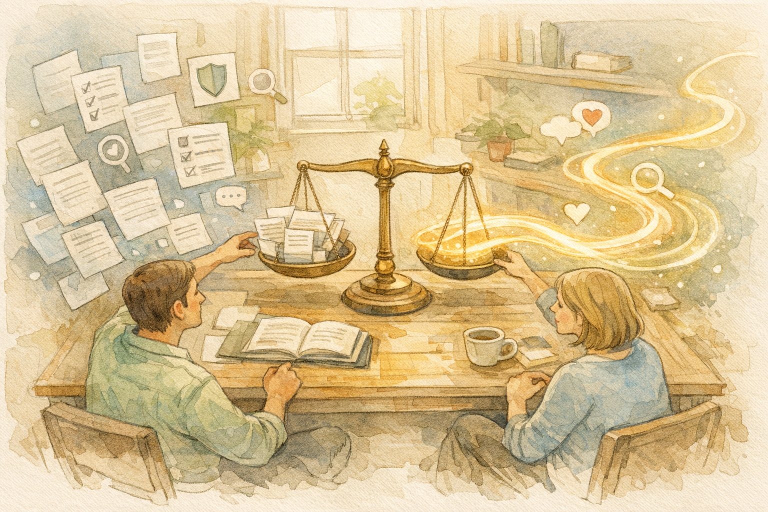 ガイドラインと検索可視性のバランスを示すイラストで医療記事 SEOの概念を表現