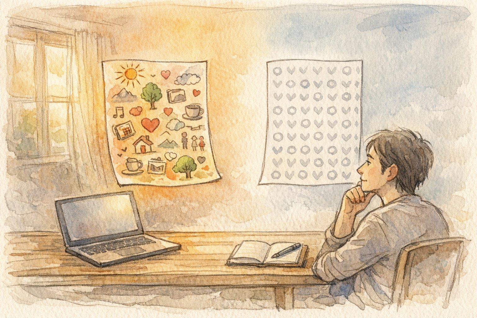 AI 記事 感情がこもっていない印象を、人の体験とAI的なパターンの対比で描いたイラスト