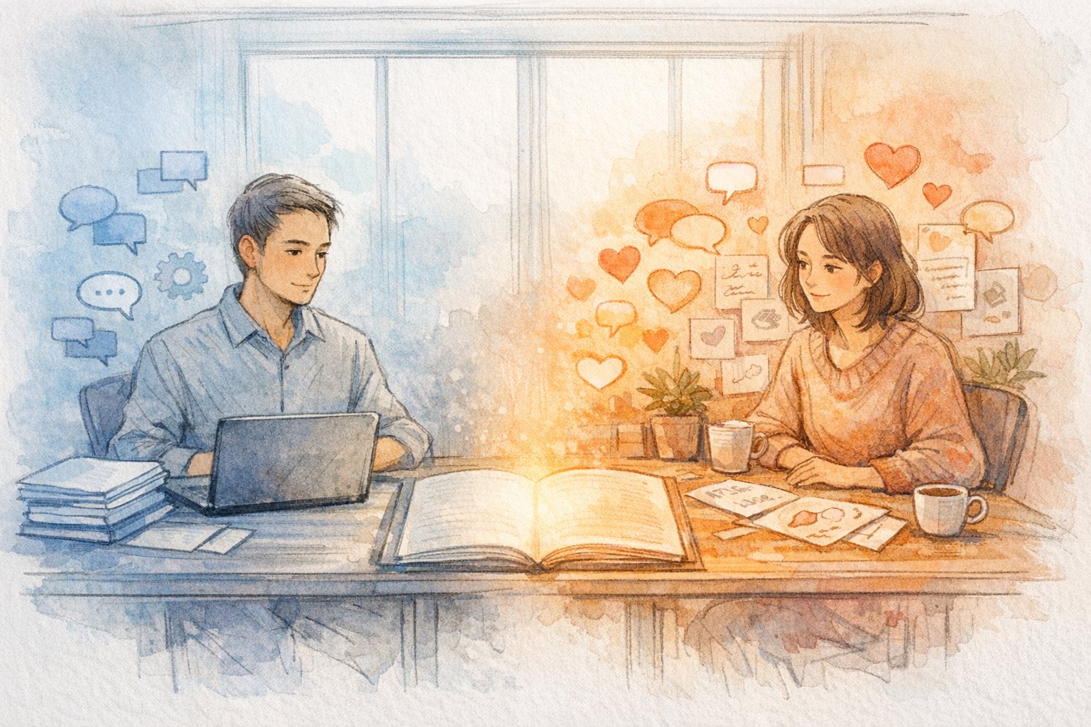 AI 記事 感情がこもっていない状態と人の温かい編集の対比を描いたイラスト
