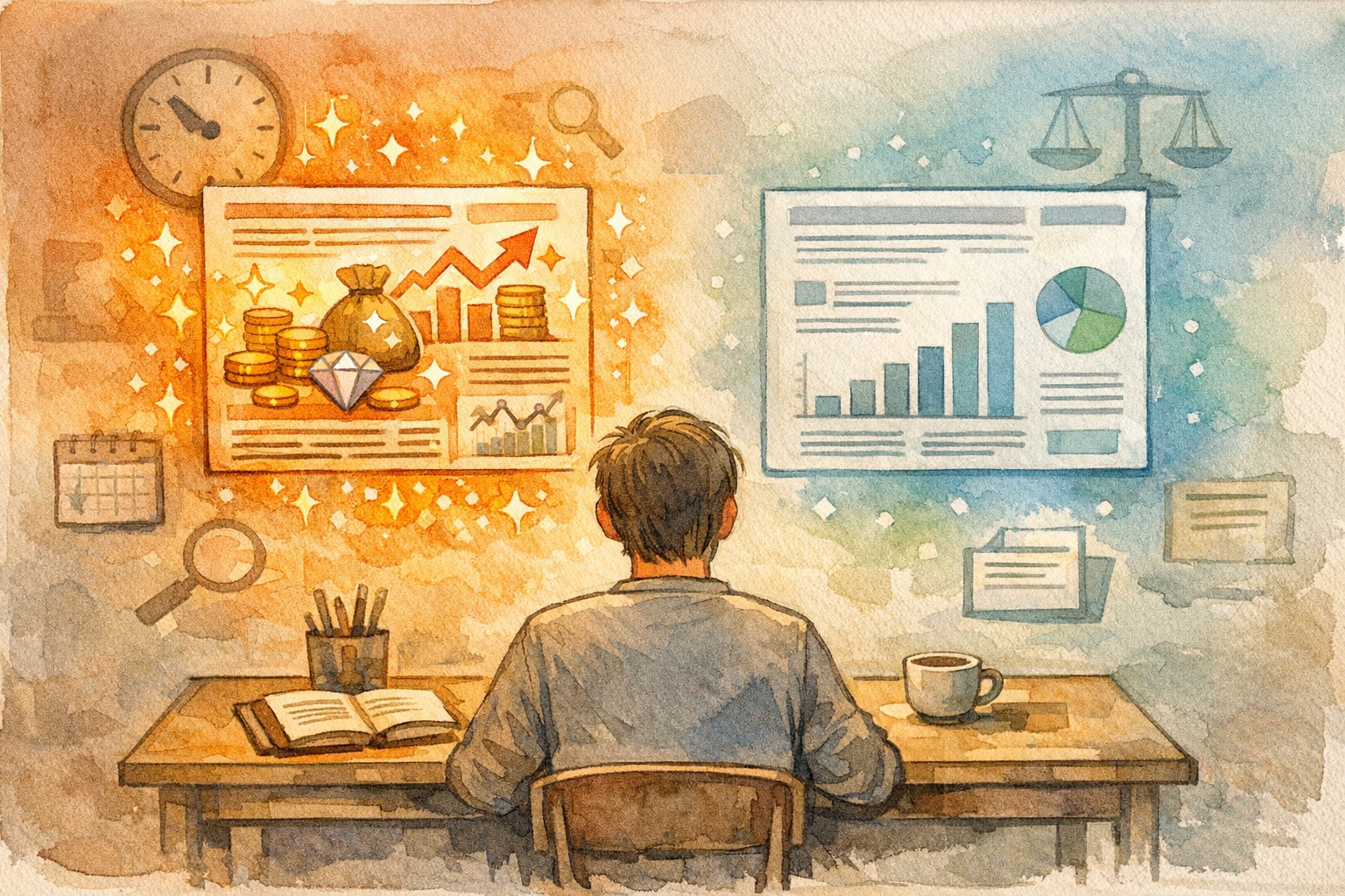金融記事 SEO の検索上位コンテンツを冷静に比較検証する様子を描いたイラスト