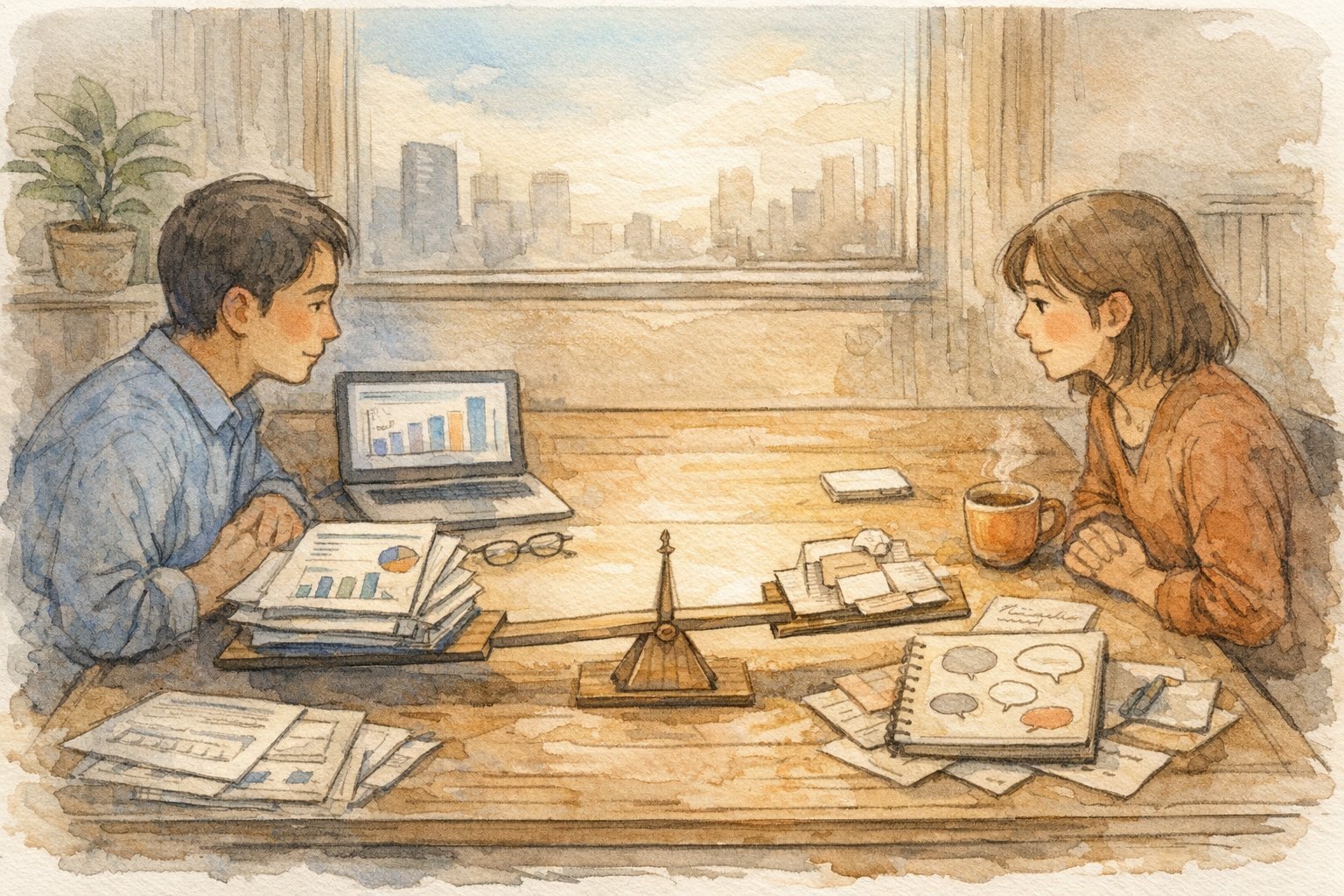金融記事 SEOにおけるデータ重視と実体験重視のバランスを象徴的に描いたイラスト