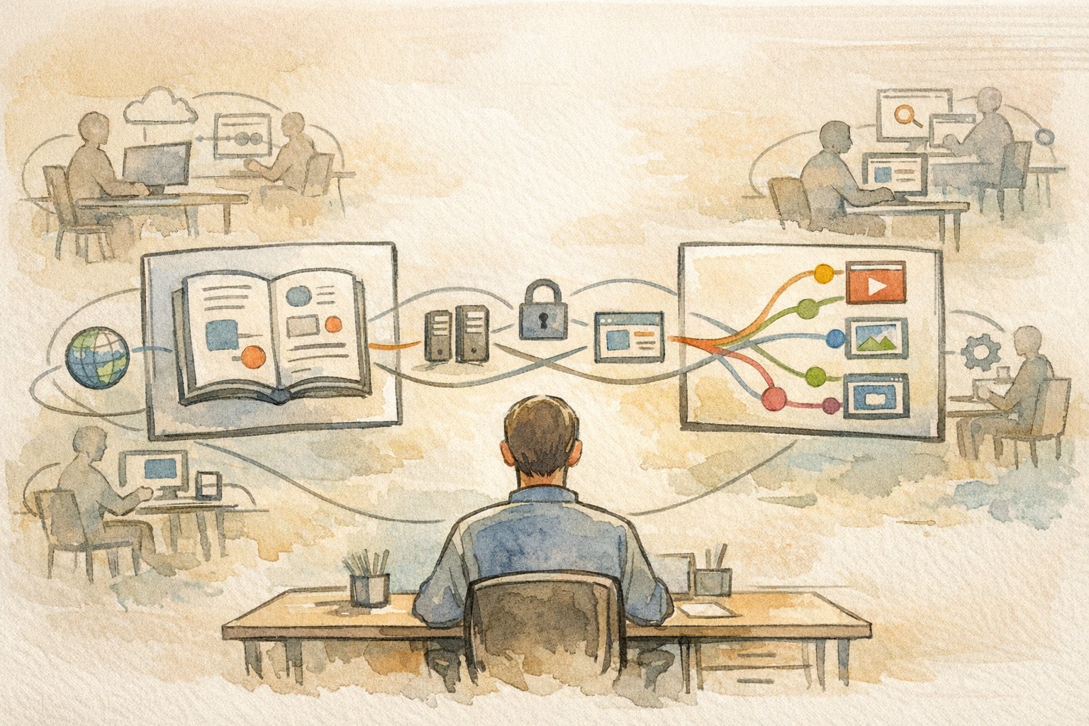 WP お名前.com ドメイン 紐付けが人それぞれ異なる手順で進む様子を示すイラスト