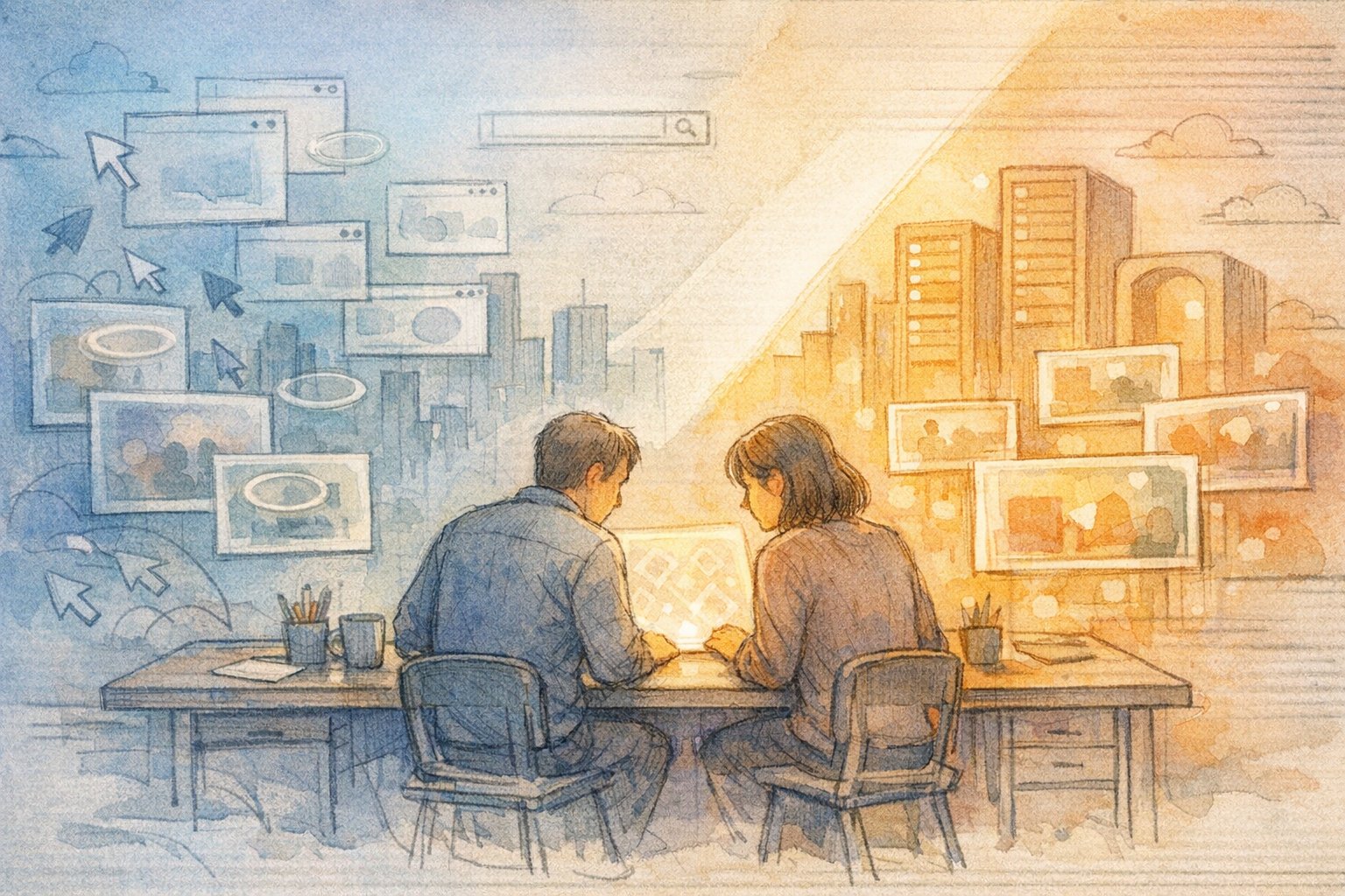 AI 生成物の透かし（ウォーターマーク）を巡る規制とプラットフォームの関係を象徴するイラスト
