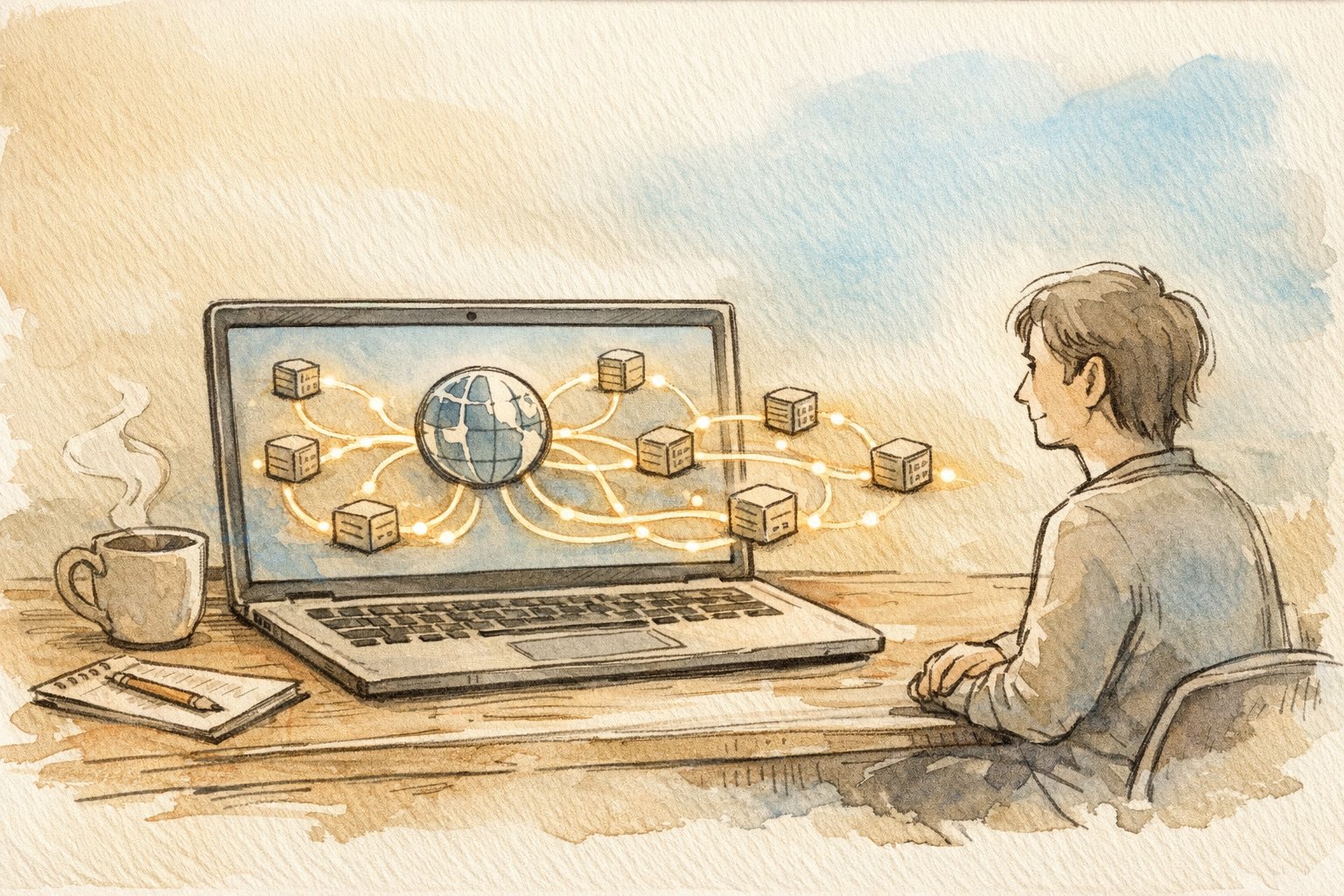 WordPress ネームサーバー 変更で生まれる経路の違いを示す、柔らかな手描きネットワークイラスト