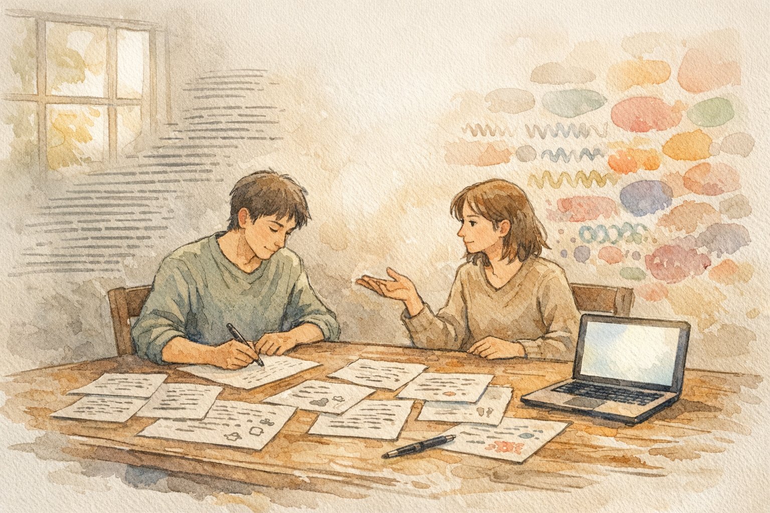 AI 検出率を 下げる 方法を考える大人二人が机で文章表現のバランスを模索するイラスト