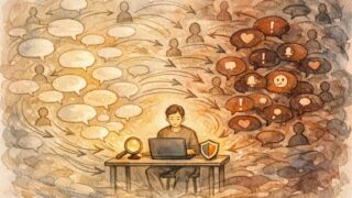 AI 誤情報 拡散 対策を象徴するイラスト, ノイズ渦巻く中で情報を精査する人物