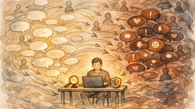 AI 誤情報 拡散 対策を象徴するイラスト, ノイズ渦巻く中で情報を精査する人物