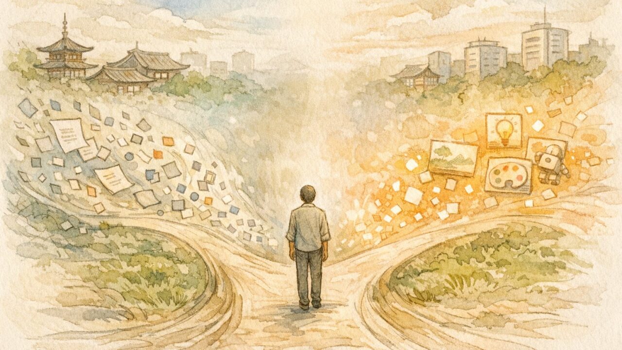 AI開発と著作権の交差点を示す分岐路に立つ人物とAI 権利 関係 複雑な境界