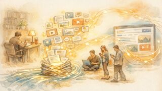 プレスリリース SEOの役割を象徴するイラスト、紙媒体から検索結果へ情報が流れる様子
