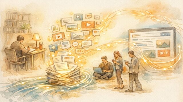 プレスリリース SEOの役割を象徴するイラスト、紙媒体から検索結果へ情報が流れる様子