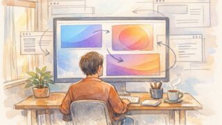 WordPress グラデーション CSSの基本を学ぶ、大画面で配色を確認する大人の作業風景